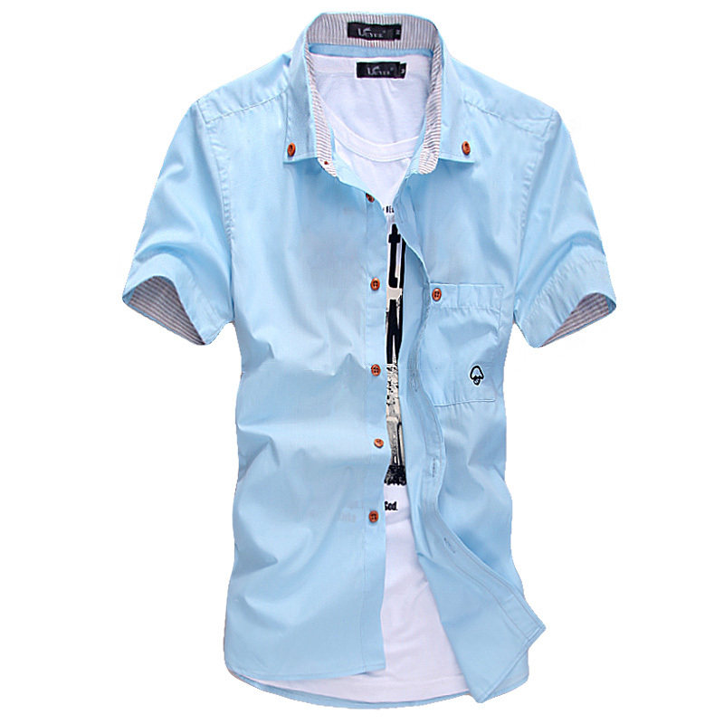 Wholesale-The new summer Style men's shirt style dress embroidered stripes hit color mushroom cultivating short-sleeved The Fashion Design