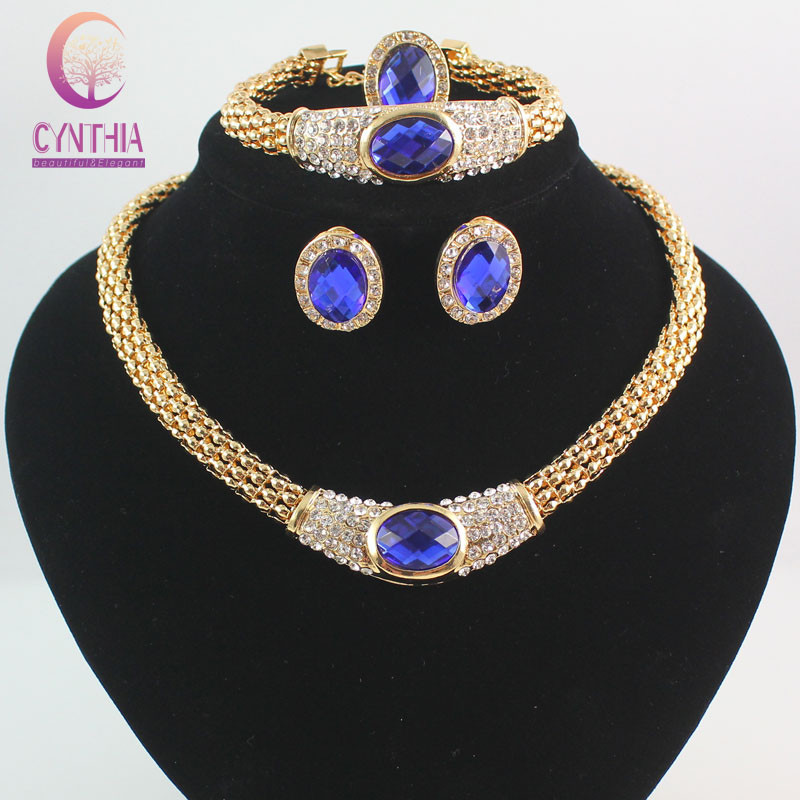 Wedding African Beads Sapphire Jewelry Set Crystal Costume 18K Gold Plated Rhinestone Statement Chunky Necklace Jewelry Set 
Wedding African Beads Sapphire Jewelry Set Crystal Costume 18K Gold Plated Rhinestone Statement Chunky Necklace Jewelry Set