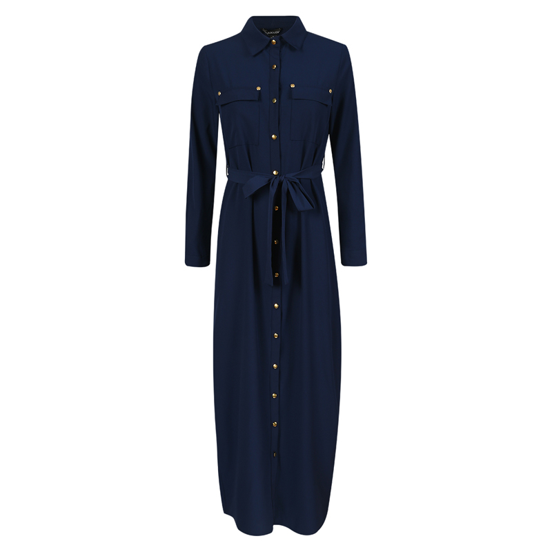 HDY Haoduoyi New Fashion Women Clothing Spring Drawstring Vintage Solid Navy Shirts Dress Single Breasted Casual Slim Maxi Dress q1109