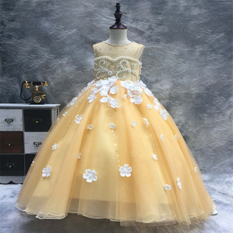 pearls major beading floor length jewel custom made light yellow color kids formal wear applique flower girl dresses