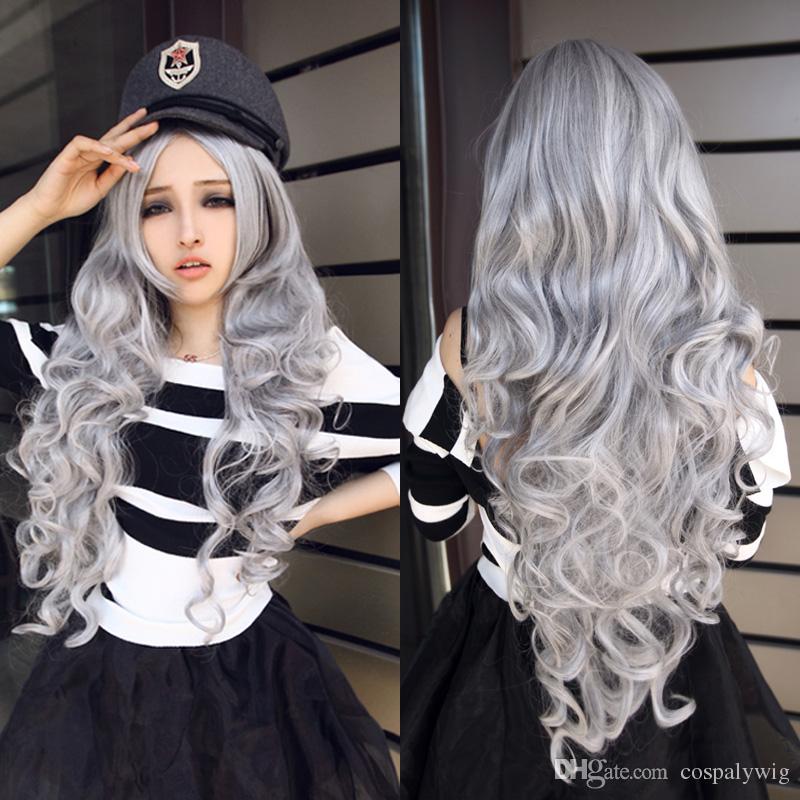 WoodFestival Grey Wig with Bangs Curly Synthetic Wigs Long Wavy Grandmother Gray Hair 80 cm