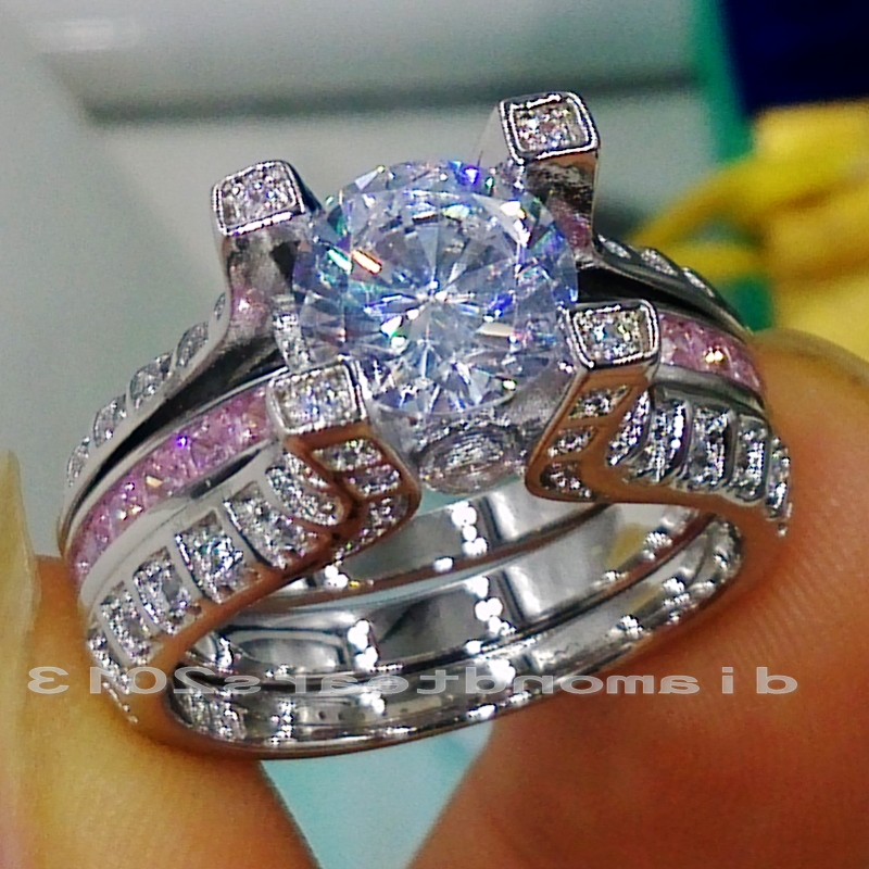 Retro 10K White Gold Filled Pink Sapphire Gem Engagement Ring Set | 5-10 US Sizes