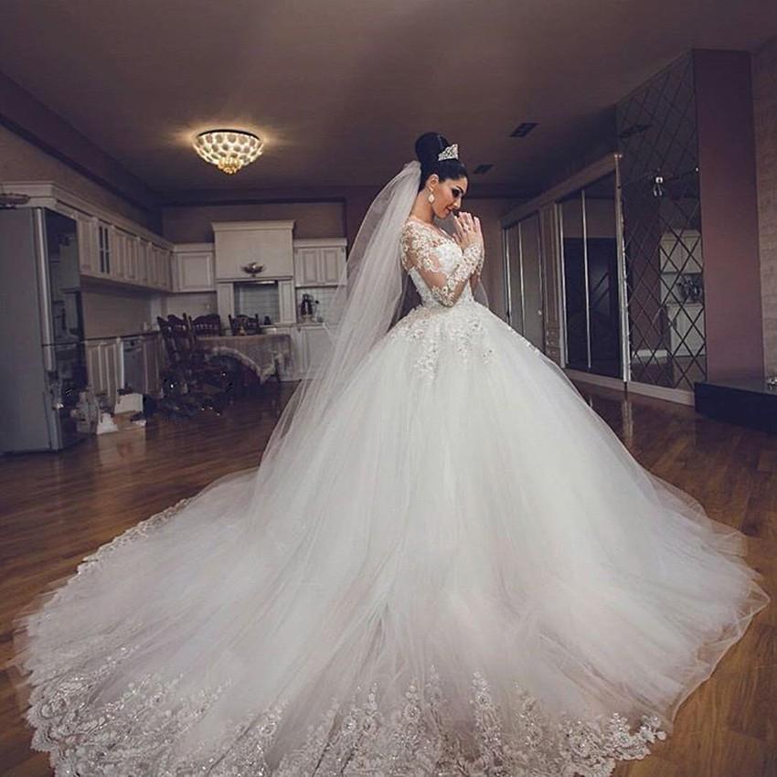 New Modern Sexy Arabic Long Sleeves A Line Wedding Dresses Illusion Lace Appliques Crystal Beaded Tulle Plus Size Formal Bridal Gowns