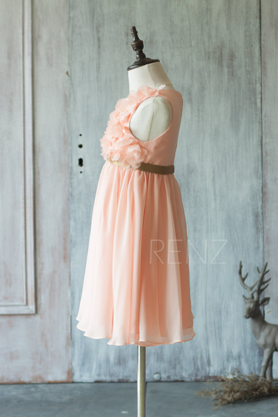 2020 Peach Junior Bridesmaid Dress, Spaghetti Strap Flower Girl Dress, Rosette dress, Gold Belt