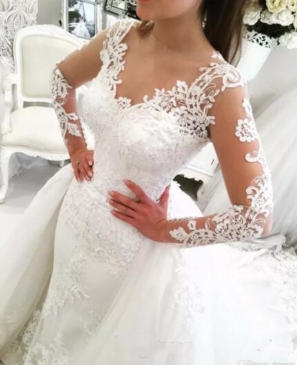 2019 Lace Illusion Long Sleeve Dresses A Line Detachable Overskirt Wedding Gowns V Neck Bridal Gown Robe De Mariage 0510