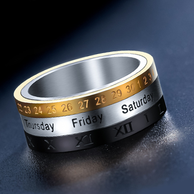 Titanium Steel Tricolor Calendar Time Wedding Ring Men's Fashion Jewelry Band Gift Time to turn the wholesale ring
Titanium Steel Tricolor Calendar Time Wedding Ring Men's Fashion Jewelry Band Gift Time to turn the wholesale ring