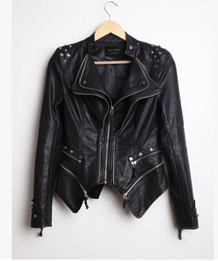 Wholesale-New Womens Punk Spike Studded Shoulder PU Leather Jacket Zipper Coat Size s XL