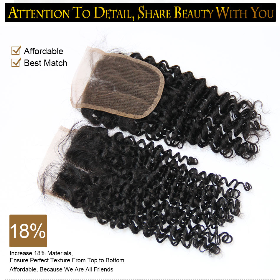 Mongolian Curly Lace Closure Free Middle Part Mongolian Virgin Human Hair Closure 4x4 Natural Black 130% Density Deep Kinky Curly Closures