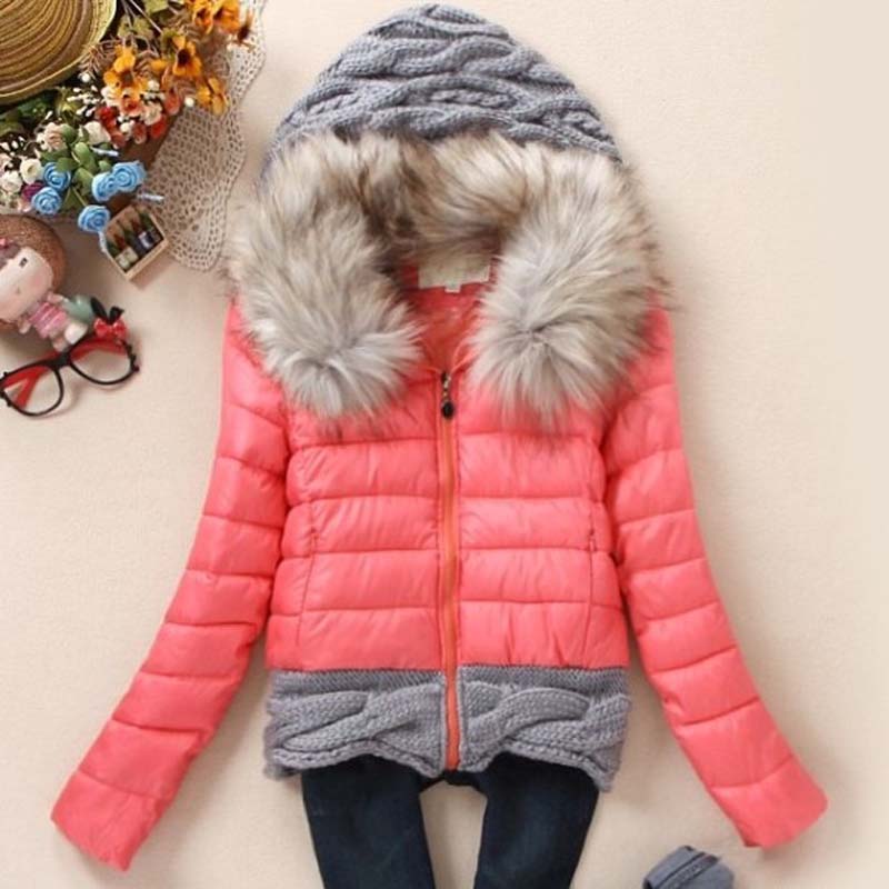 Wholesale- 1PC Winter Jacket Women Winter Coat Cotton Padded Short Jackets Knitted Hood Fur Collar Chaquetas Mujer Jaqueta Feminina Z005