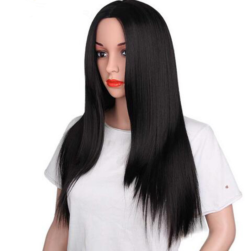 Fashion Long Straight Hair Cosplay Wig Party Black Heat Resistant Middle part Women Synthetic Free Wig Cap