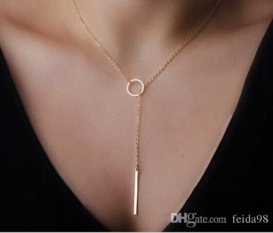 Romantic Women Accessories Hot Fashion Gold Plated Metal Chain Bar Circle Lariat Necklace Long Strip Pendant Necklaces Jewelry EH093
