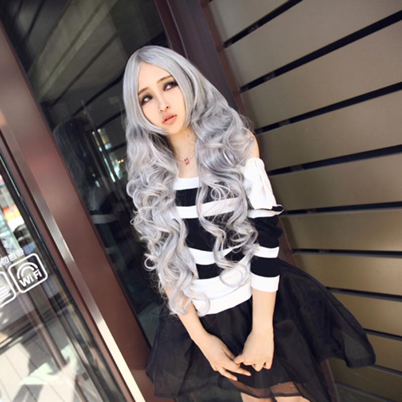 WoodFestival Grey Wig with Bangs Curly Synthetic Wigs Long Wavy Grandmother Gray Hair 80 cm