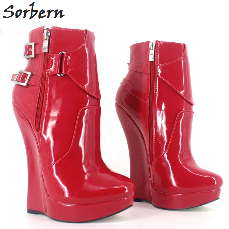 

Sorbern Sexy Fetish Boots Unisex 7" Inch EXTREME HIGH HEELS Strange Wedge Heeled Fashion Buckle Straps Ankle Boots Giaroslick Highheels, Silver shiny