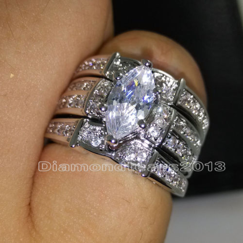 Size 5/6/7/8/9/10 Retro Jewelry 14kt white gold filled topaz Pear cut Simulated Diamond Women Wedding Ring set (3in 1) gift with box