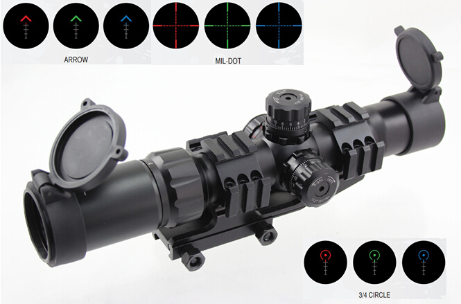Aimsports Scope 1.5-4X30 Tri-Illuminated Mil Dot Reticle or Arrow or 3/4 Circle Scope with Locking Turrets