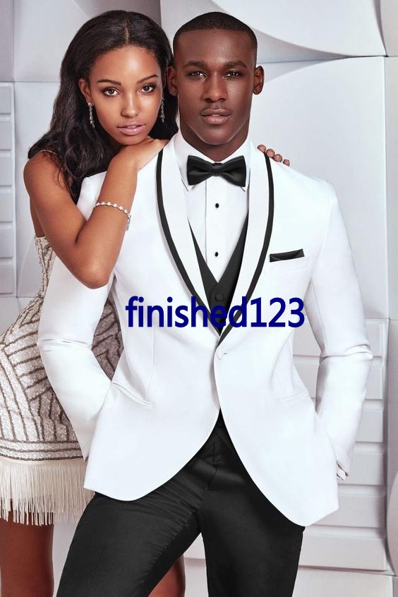 Trendy Design One Button White Groom Tuxedos Groomsmen Shawl Lapel Best Man Suits Mens Wedding Blazer Suits (Jacket+Pants+Vest+Tie) NO:656