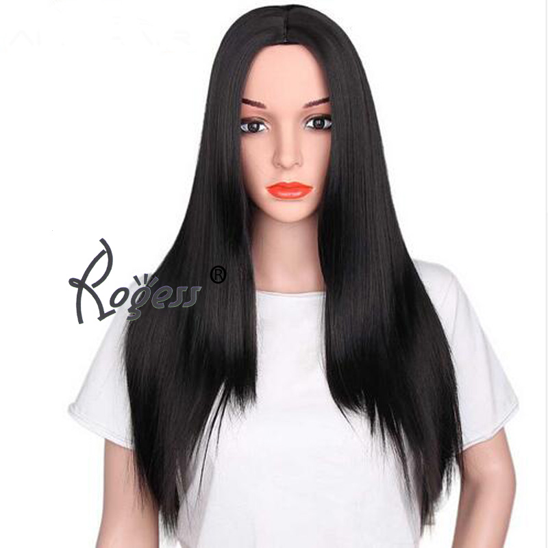 Fashion Long Straight Hair Cosplay Wig Party Black Heat Resistant Middle part Women Synthetic Free Wig Cap