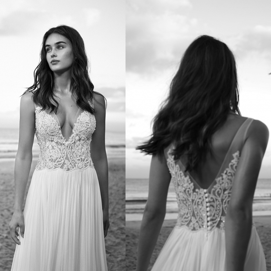 Beach Hod Lihi Dresses Deep V Neck Lace Applique Beads Bridal Gowns Sweep Train Vintage Chiffon Wedding Dress Hottest Intage intage