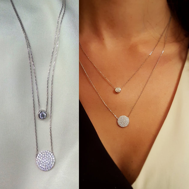 925 sterling silver factory top quality fine fashion big micro pave cz disco charm double layer elegant silver cz necklace