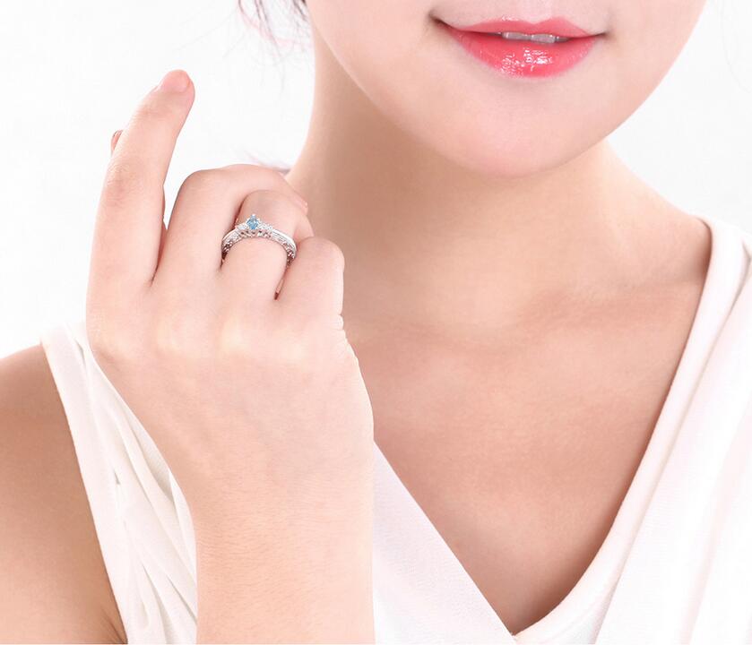 Sterg Sier Pear Aquamarine Gemstone Zirconia Decorative Pattern Ring for Women