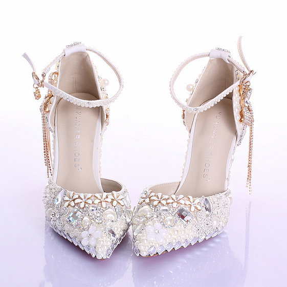 Crystal Beaded Bridal Shoes Pearl Pure Color Pointed Toe Bridal Heels Walking Comfortable High Heel Prom Shoe