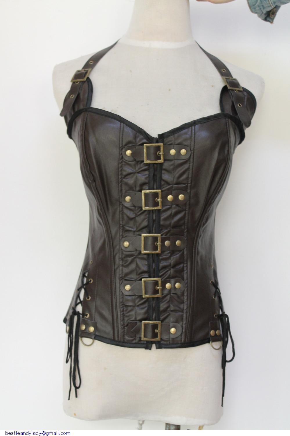 Buckle-up Steampunk Corset Halterneck PU Leather Bodyshaper Corselet Butt Lifter Women Body Shaper Waist Cincher LC5342 Drop Ship