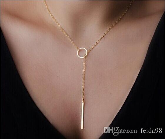 Romantic Women Accessories Hot Fashion Gold Plated Metal Chain Bar Circle Lariat Necklace Long Strip Pendant Necklaces Jewelry EH093