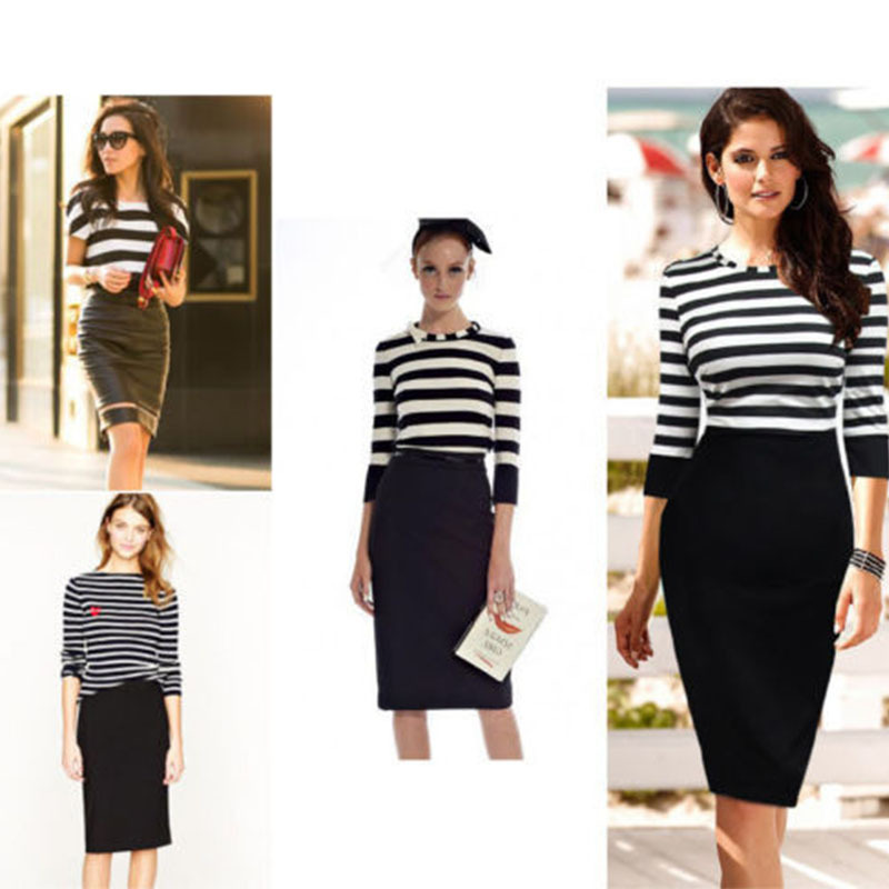 Black And White Striped O Neck Three Quarter Casual Dress Spring Autumn Basic Empire Slim Bodycon Dress Midi Women Work Dress FG1511