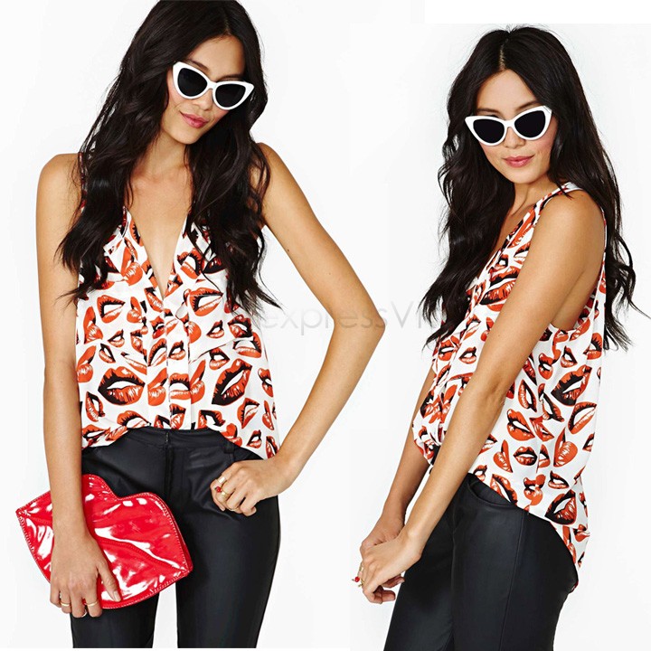 Sexy V-neck sleeveless Summer Tops Print chiffon Women Blouse Casual Plus Size Blusas Femininas Tee Cheap Shirt B19 SV004575