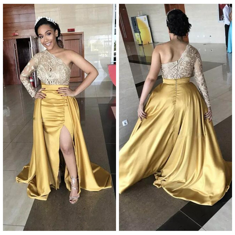 Modest Black Girls Prom Dresses 2018 Lace Top One Shoulder Long Sleeves Gold Side Split Mermaid Evening Dress With Overskirt Formal Wear, Red
Modest Black Girls Prom Dresses 2018 Lace Top One Shoulder Long Sleeves Gold Side Split Mermaid Evening Dress With Overskirt Formal Wear, Red