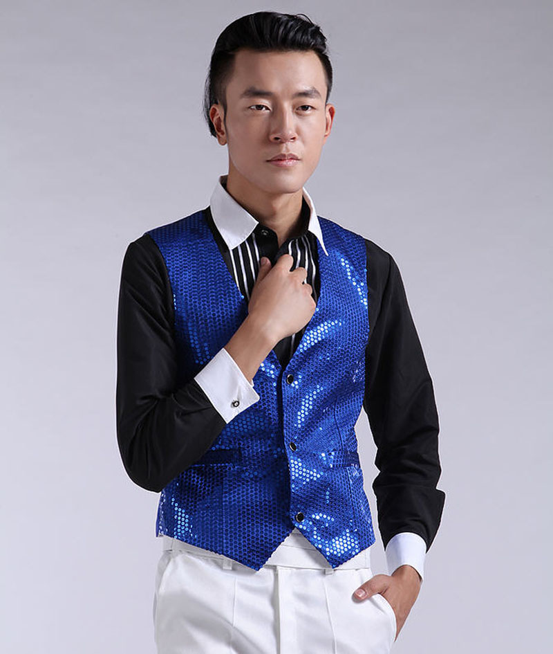 Fall-Paillette Male Sequins Stage Performance Costumes Men Vest Mc Host Clothing Singer Waistcoats Show Sleeveless Jackets D195
