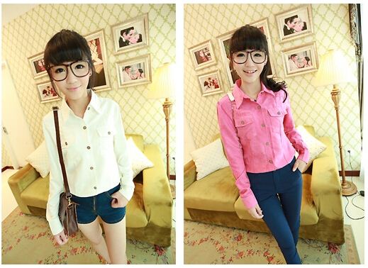 FG1509 2014 autumn new style long sleeve women shirts ,candy color,casual ladies shirts, Turn-down collar ,"2 pockets " free shipping