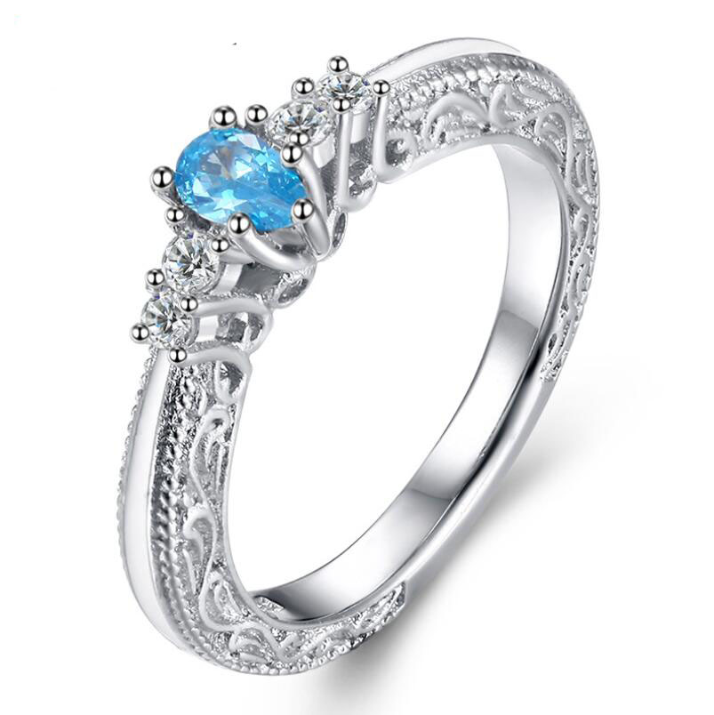 Sterg Sier Pear Aquamarine Gemstone Zirconia Decorative Pattern Ring for Women