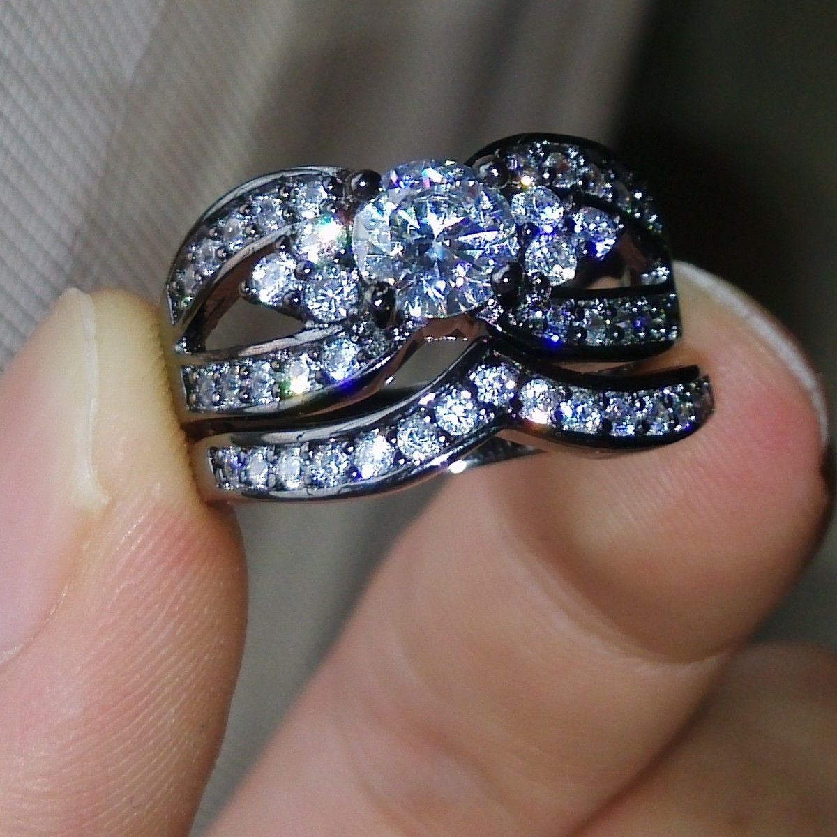 Engagement Ring Set: 10k Black Gold Filled White Topaz CZ Gem Simulated Dia, Size 5-10