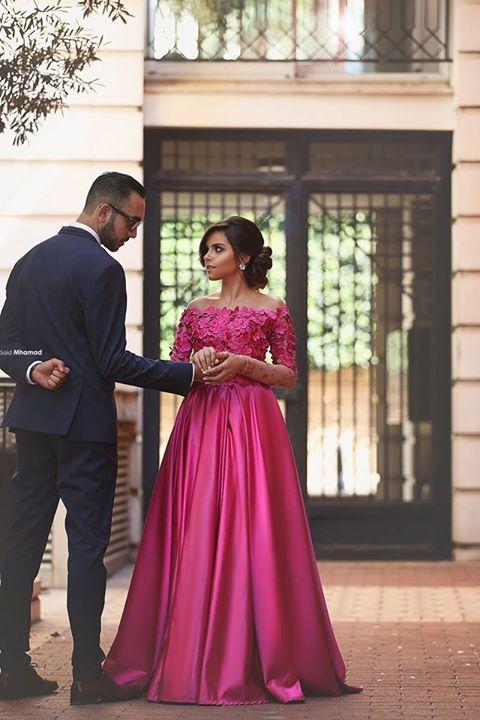 Fantasy Hot Pink Arabic Prom Dresses Off The Shoulder Long Sleeves Gorgeous 3D Floral Appliqes Bodice A Line Free Prom Gowns Evening Dress
