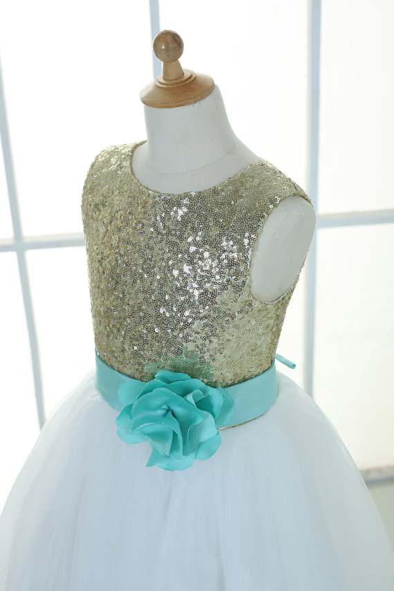 Gold sequins ivory tulle flower girl dress tutu princess kids children junior bridesmaid dress with mint sash detachable for wedding