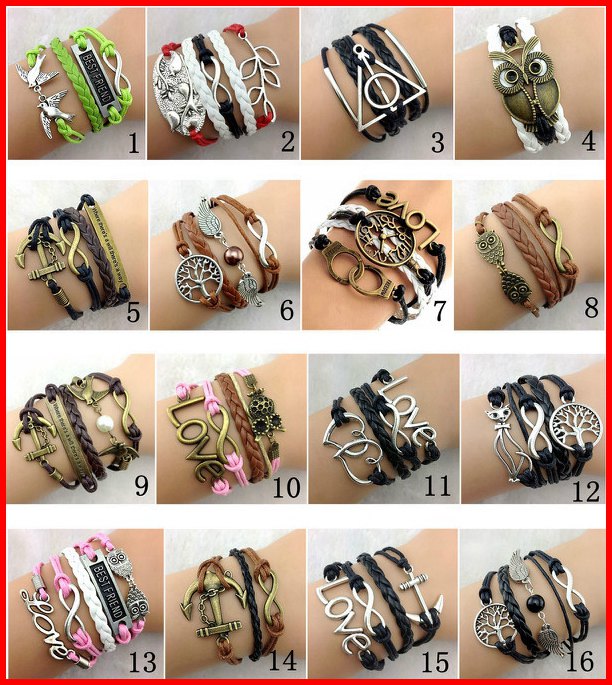 

30pcs 148 Designs Stock Women Leather Bracelet Antique Cross Anchor Love Peach Heart Owl Bird Believe Pearl Knitting Bronze Charm Bracelets