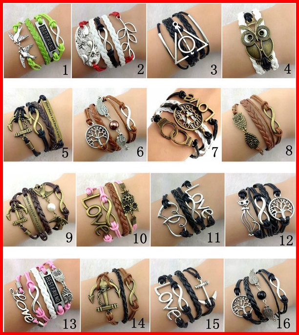 30pcs 148 Designs Stock Women Leather Bracelet Antique Cross Anchor Love Peach Heart Owl Bird Believe Pearl Knitting Bronze Charm Bracelets
30pcs 148 Designs Stock Women Leather Bracelet Antique Cross Anchor Love Peach Heart Owl Bird Believe Pearl Knitting Bronze Charm Bracelets