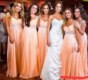 Coral Cap Sleeves Beaded Bridesmaids Dresses Long Empire Plus Size Pregnant Maternity Crystal Chiffon Beach Maid Of Honor Party Prom Gowns