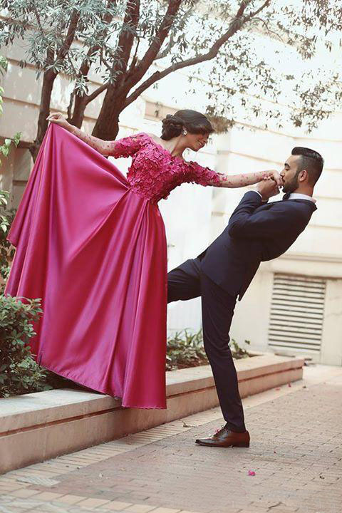 Fantasy Hot Pink Arabic Prom Dresses Off The Shoulder Long Sleeves Gorgeous 3D Floral Appliqes Bodice A Line Free Prom Gowns Evening Dress