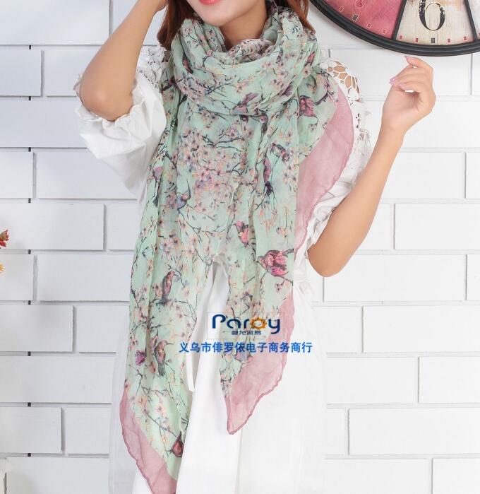2015 New Fashion Scarf Flower Bird Tree Branch Print Scarves For Women Spring Autumn Shawls and Scarves 4 Colors