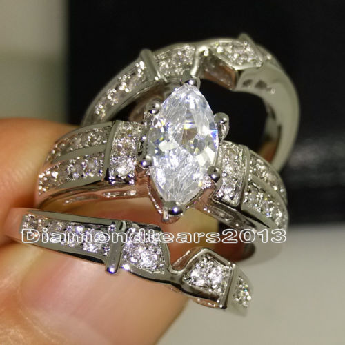 Size 5/6/7/8/9/10 Retro Jewelry 14kt white gold filled topaz Pear cut Simulated Diamond Women Wedding Ring set (3in 1) gift with box