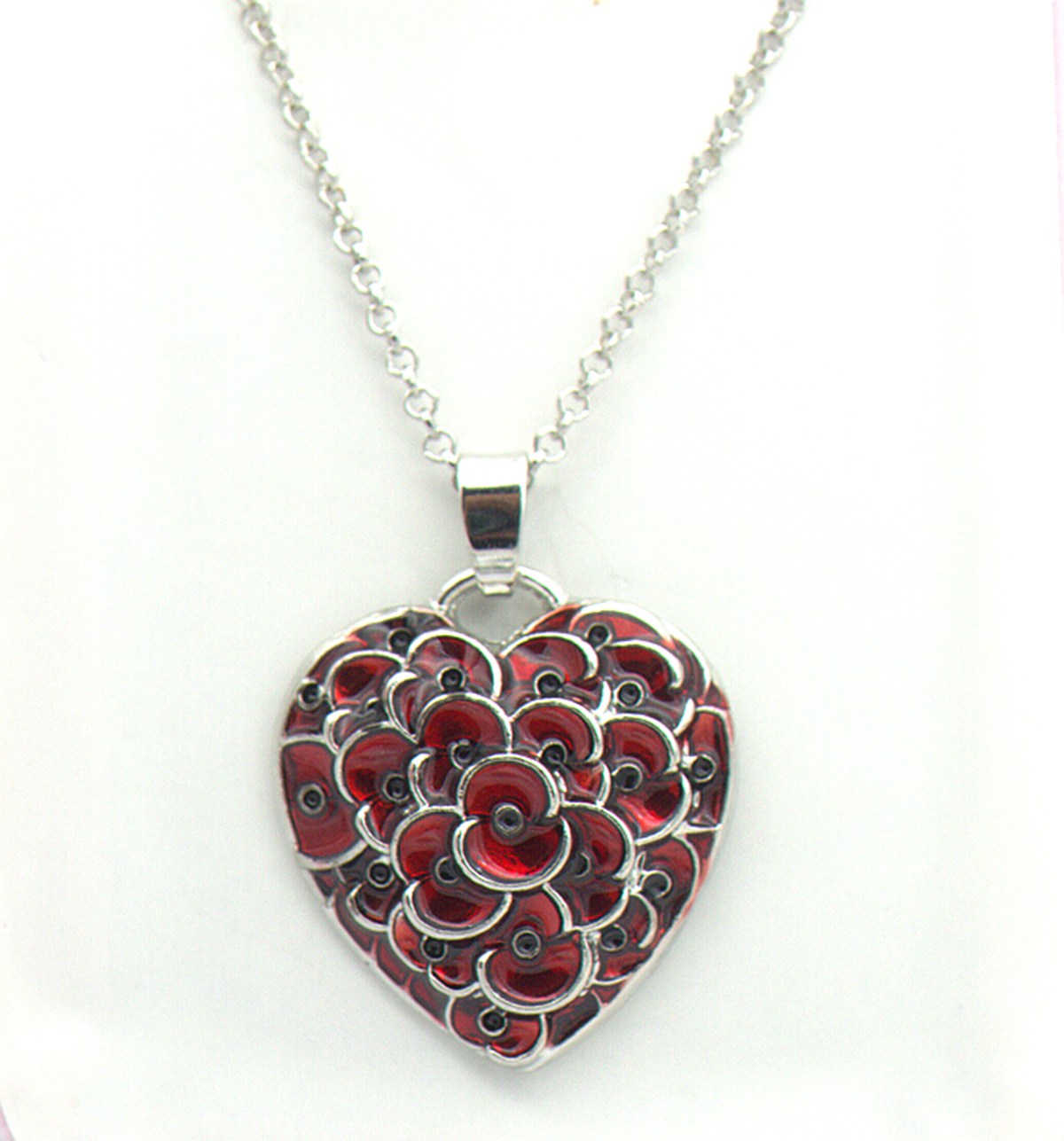 NEW Ruby Red Enamel Heart Poppy Pendant Necklace Jewelry British Stylish Remembrance Souvenir White Gold