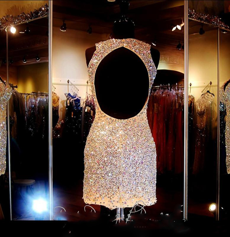 Shiny Crystal 2016 Short Prom Dresses Evening Wear 3 Colors Major Beading Backless Bling Bling Girl Prom Gowns Plus Size