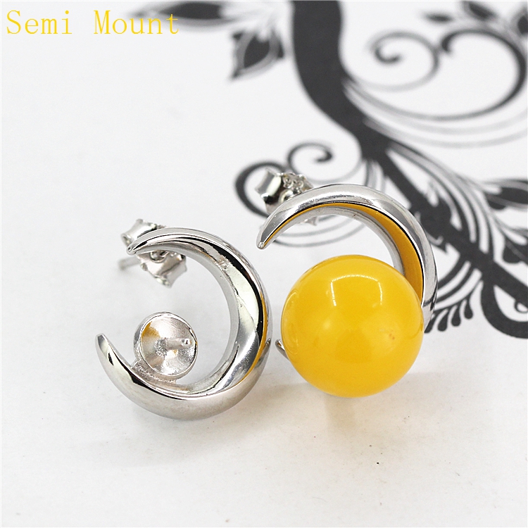 925 Sterling Silver Semi Mount Stud Earrings Plated White Gold for 8-9mm Pearl or Round Bead Fine Jewelry Setting DIY Stone