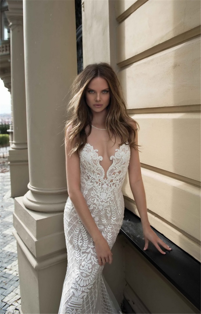 Berta Bridal Lace Wedding Dresses Jewel Neckline Sheer Back Bridal Gowns Floor Length Mermaid Wedding Gown