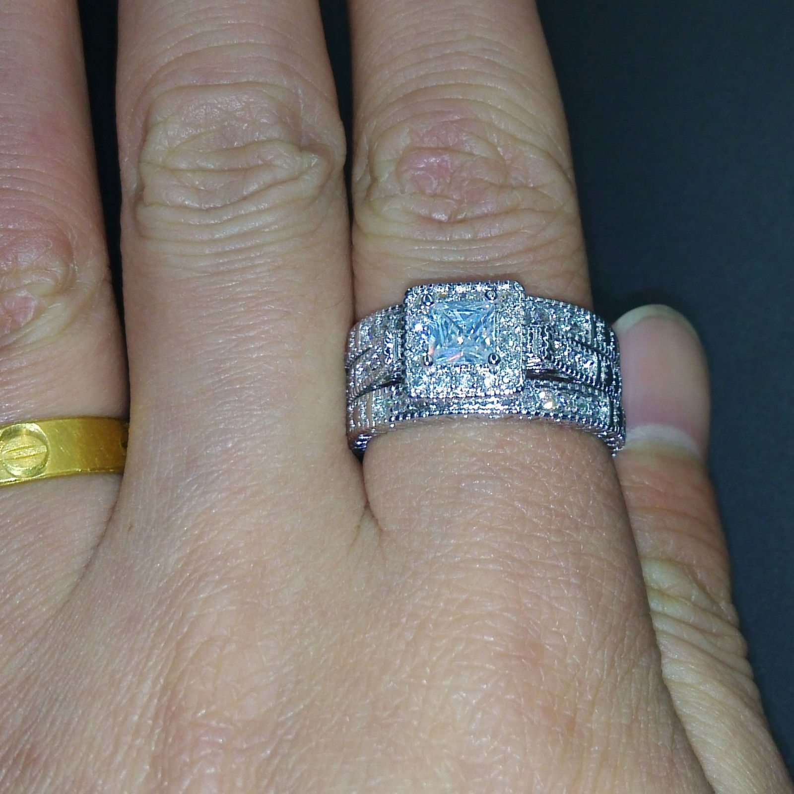 Size5/6/7/8/9/10 Hot sale Retro Vintage Princess Cut Jewelry 10KT white gold filled GF whitr topaz Women Wedding Bridal Ring set gift