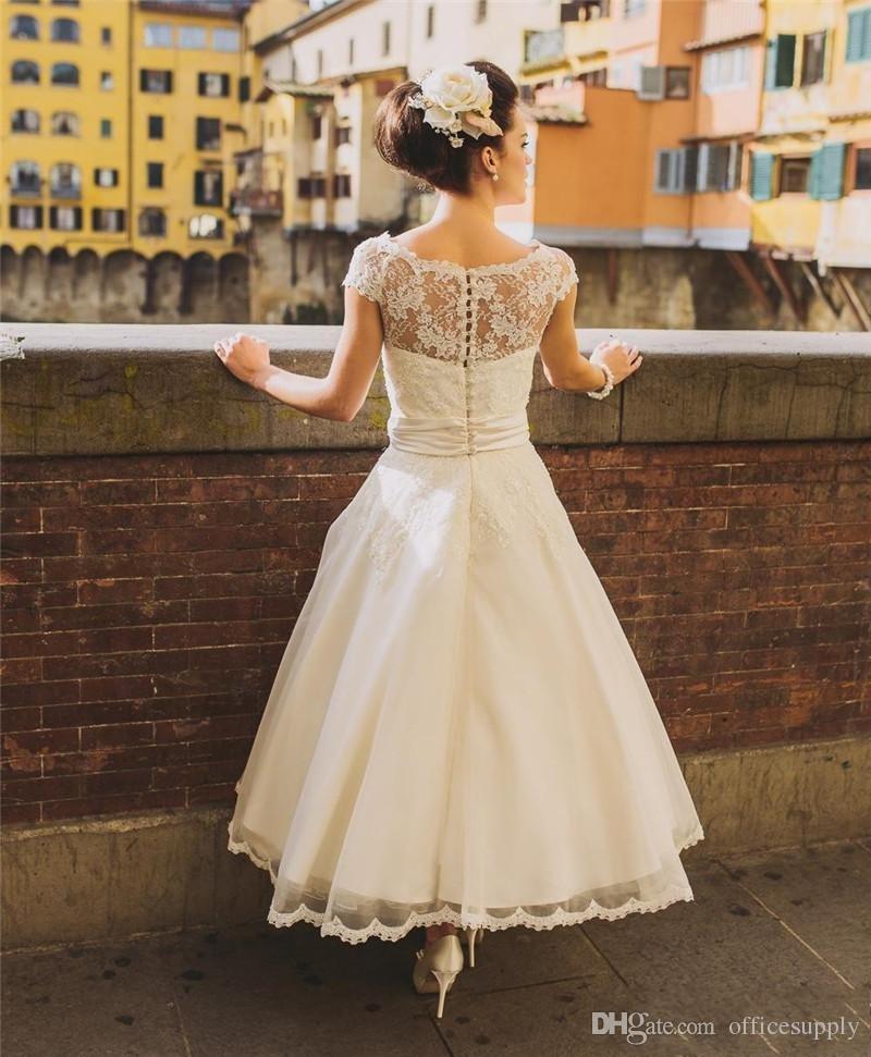 2020 Vintage Scoop Cap Sleeves Tea Length A Line Lace Dresses Hand-made Flower Sash Arabic Country Rustic Bride Wedding Gowns Free shipping