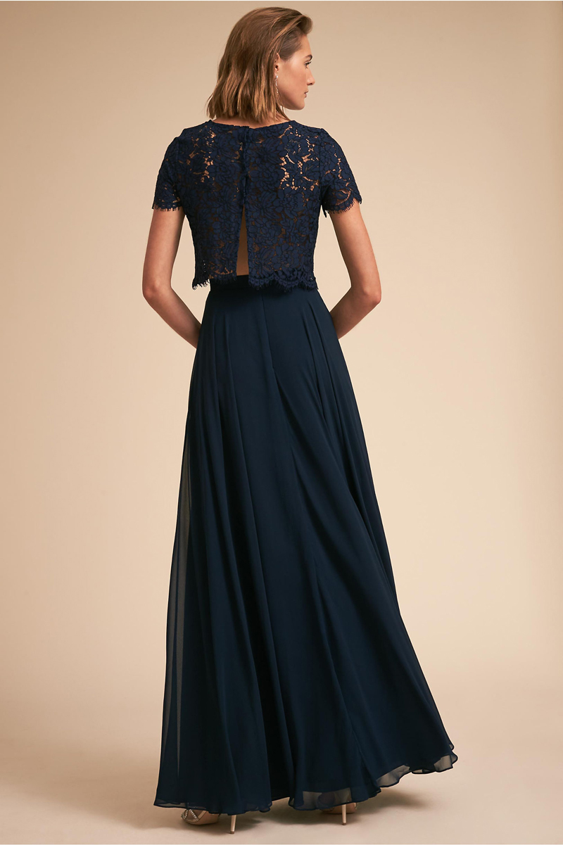 Dark Navy 2 Pieces Bridesmaid Dress Floral Lace Top and Chiffon Skirts Accept Custom made Wedding Party Dresses