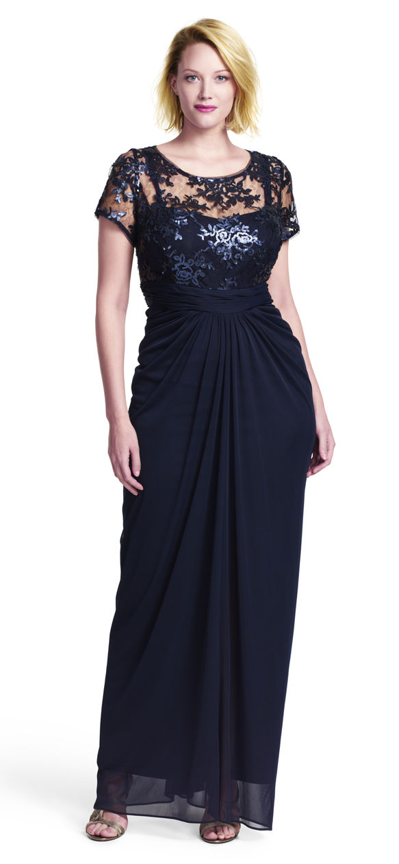 Navy Blue Chiffon Sheath Plus Size Formal Dresses 2015 New Style Special Occasion Sequin Lace Short Sleeve Evening Dress Custom EN7213
